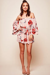Emory Off Shoulder Shirred Waist Dress Pink