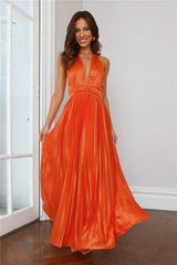 Shimmering Sea Pleated Halter Maxi Dress