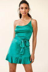 Don't Wait Up One Shoulder Waist Tie Dress Jade