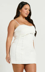 Gigi Mini Linen Blend Dress - Sweetheart Tie Back Scallop Detail Dress in Off White