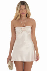 Flower Satin Halter Dress
