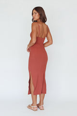 Frieda Cowl Neck Side Split Ribbed Midi Dress Rust