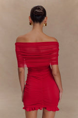 Caspian Slinky And Mesh Off Shoulder Mini Dress - Ruby