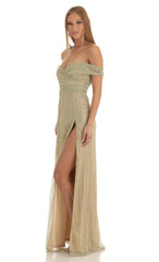 Sequin Striped Off The Shoulder Maxi Dress in Gold