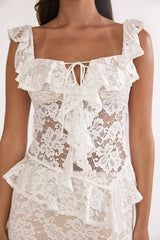 Kelina Ruffle Trim Lace Top White