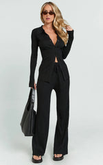 Kelsey Top - Button Through Long Sleeve Knitted Top in Black