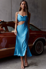Sicily Asymmetrical Cowl Neckline Midi Dress Blue