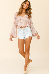 Beau Balloon Sleeve Drawstring Top Ornate Print Pink
