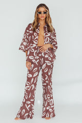 Just A Hunch Button Shirt Leaf Print Chocolate